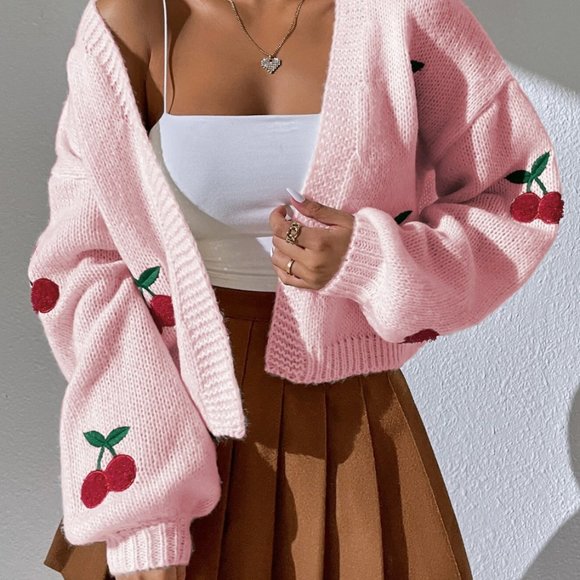 Pink Cherry Embroidery Lantern Sleeve Cardigan - Picture 3 of 10